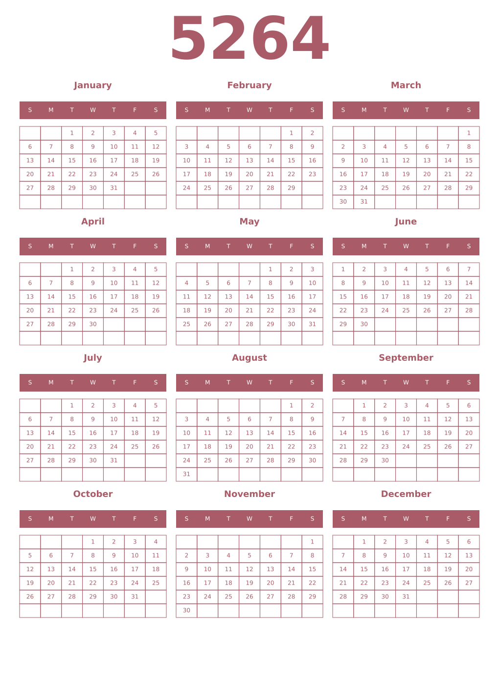 Printable 5264 Year Calendars puce