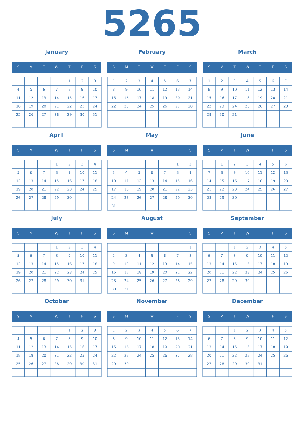 Printable 5265 Year Calendars blue