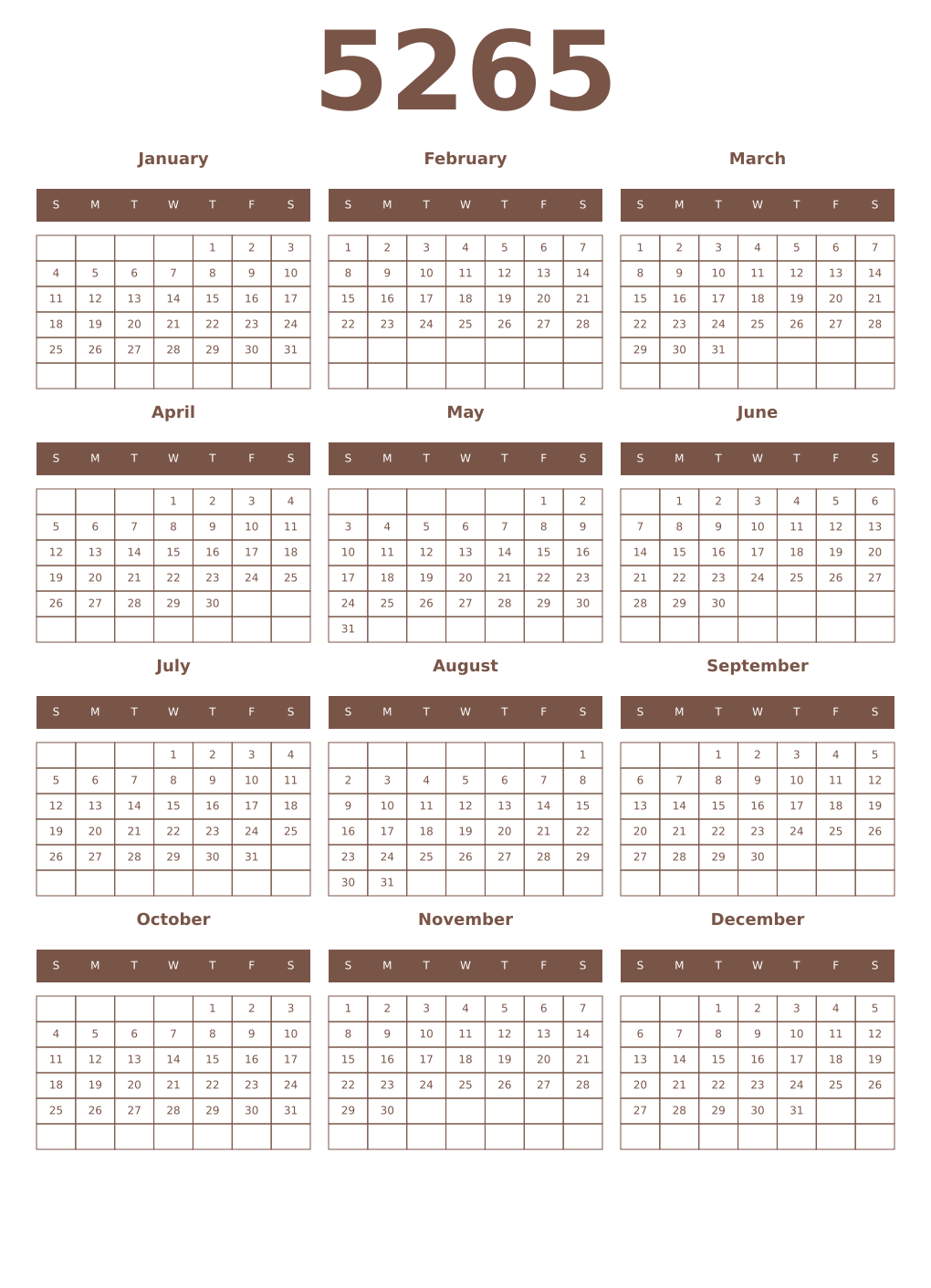 Printable 5265 Year Calendars coffe