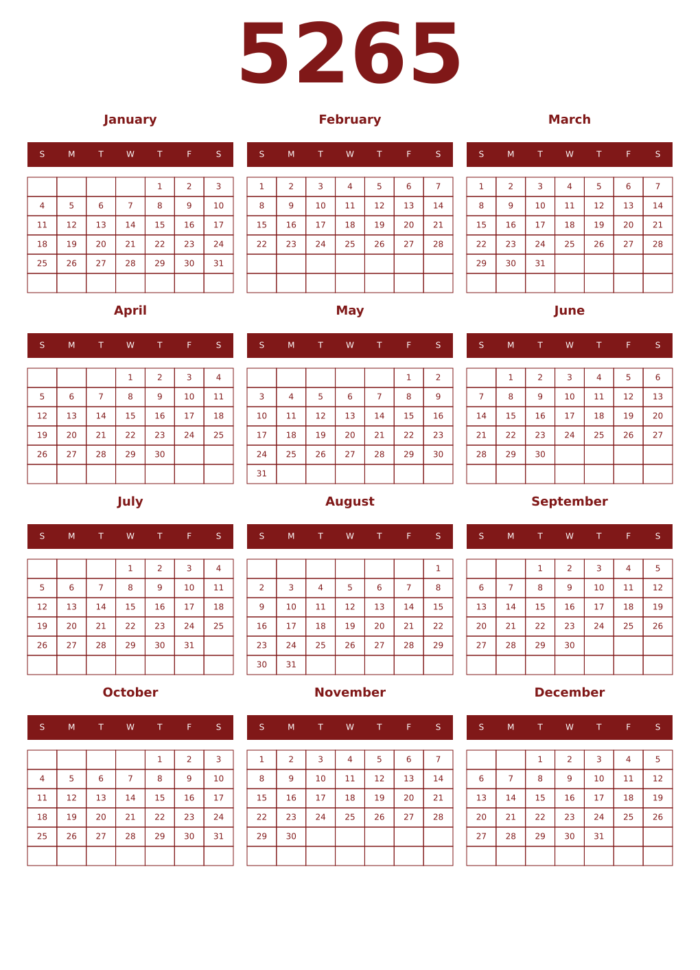Printable 5265 Year Calendars falu