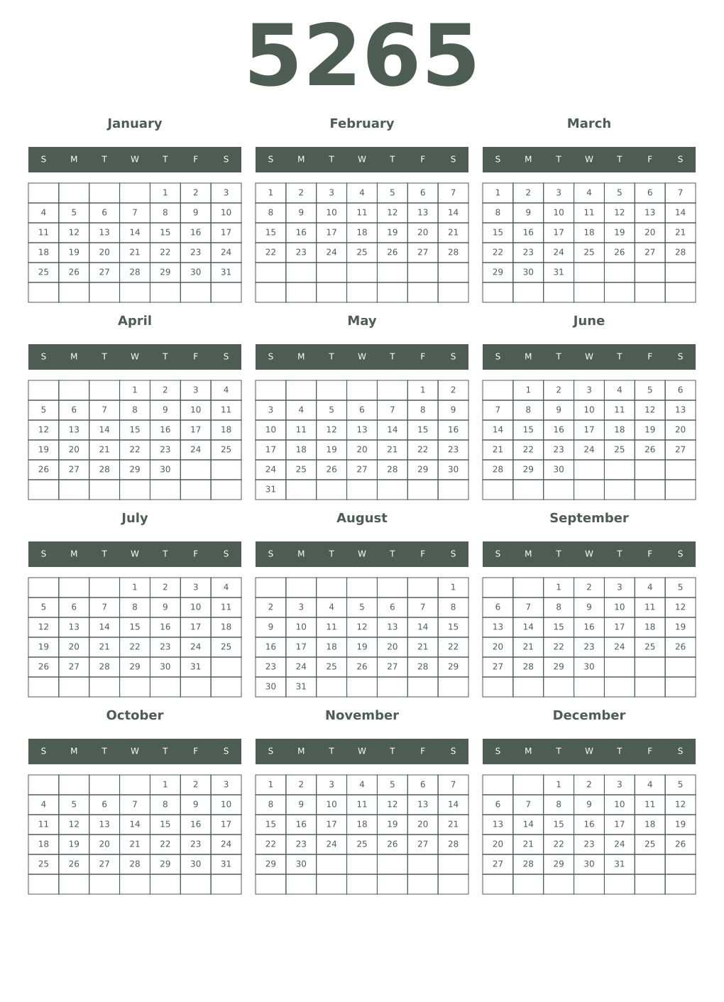 Printable 5265 Year Calendars feldgrau