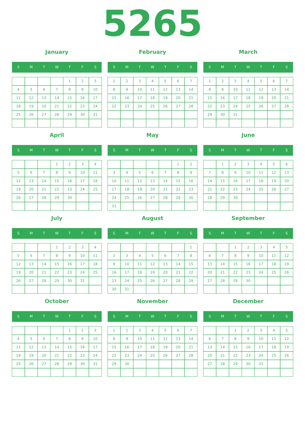 Printable 5265 Year Calendars green