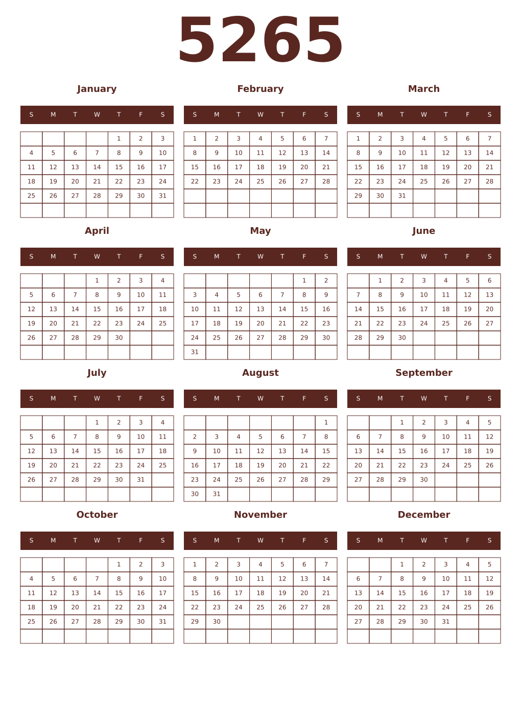 Printable 5265 Year Calendars mortuum