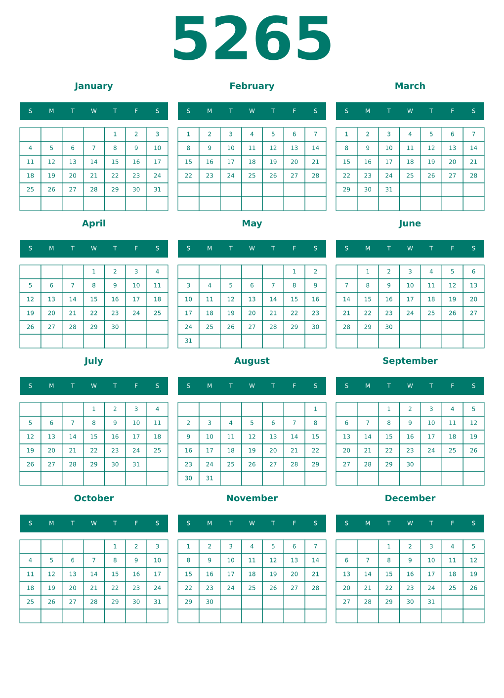 Printable 5265 Year Calendars pastel