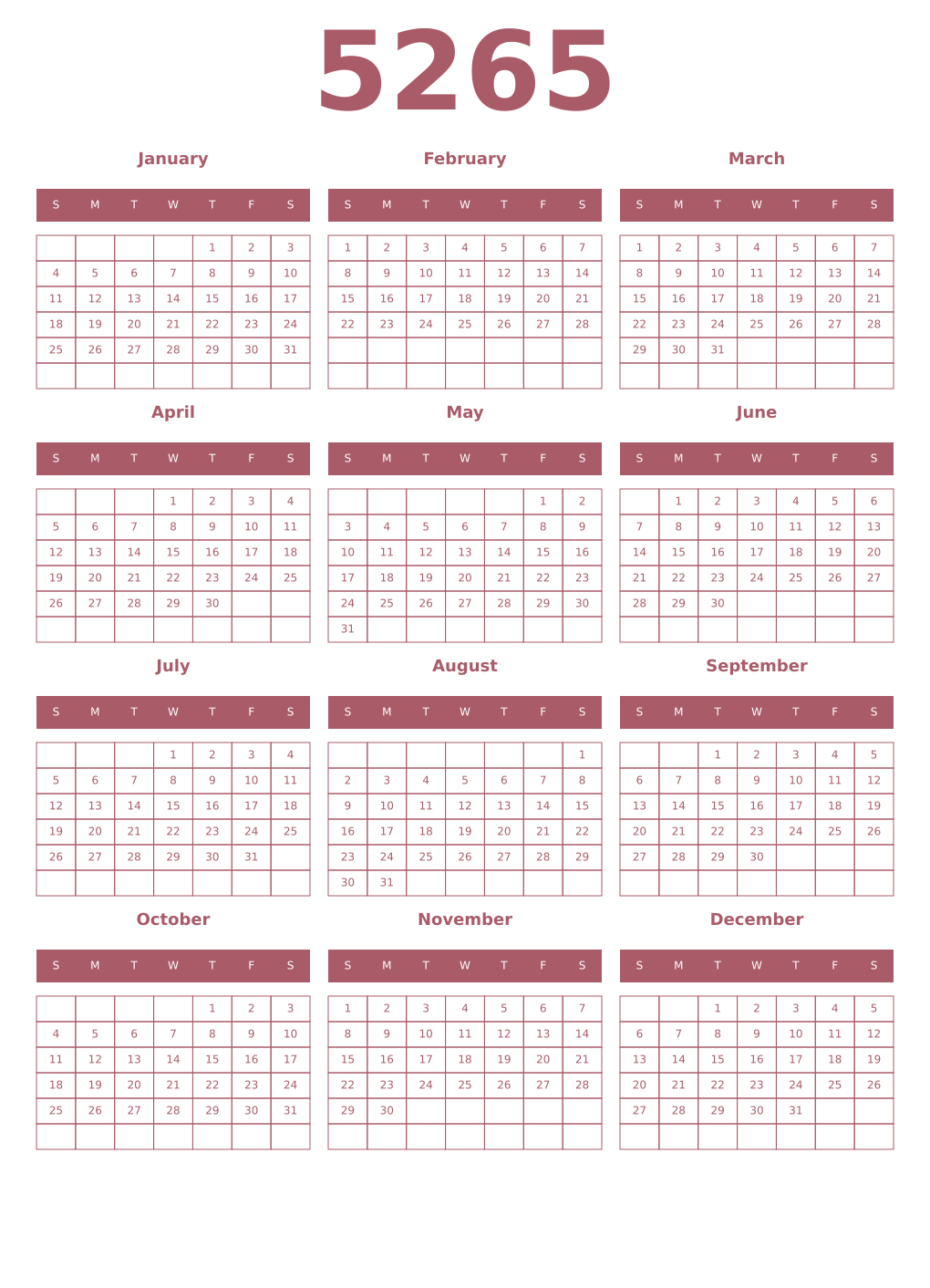 Printable 5265 Year Calendars puce