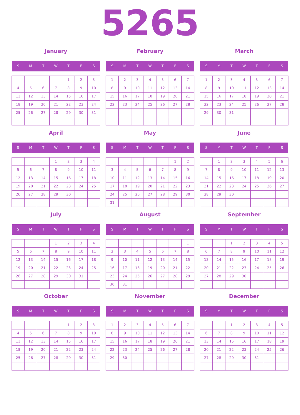 Printable 5265 Year Calendars purple