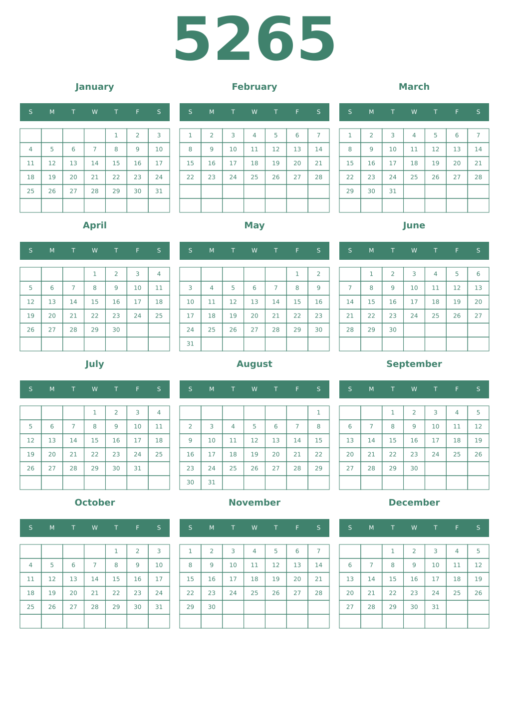 Printable 5265 Year Calendars viridian
