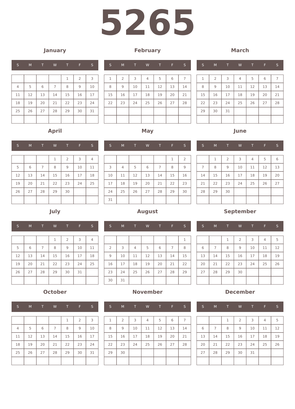 Printable 5265 Year Calendars wenge