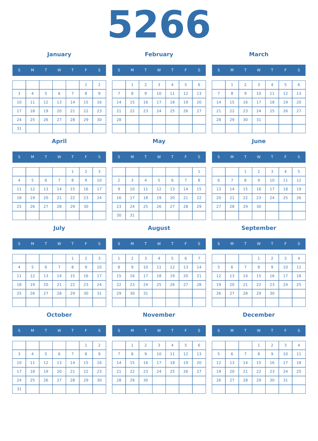 Printable 5266 Year Calendars blue