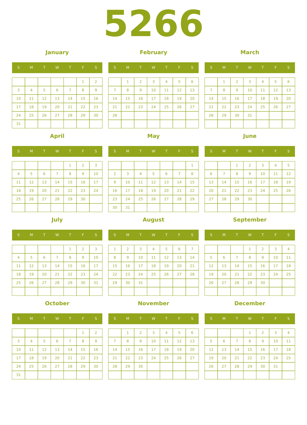 Printable 5266 Year Calendars chartreuse