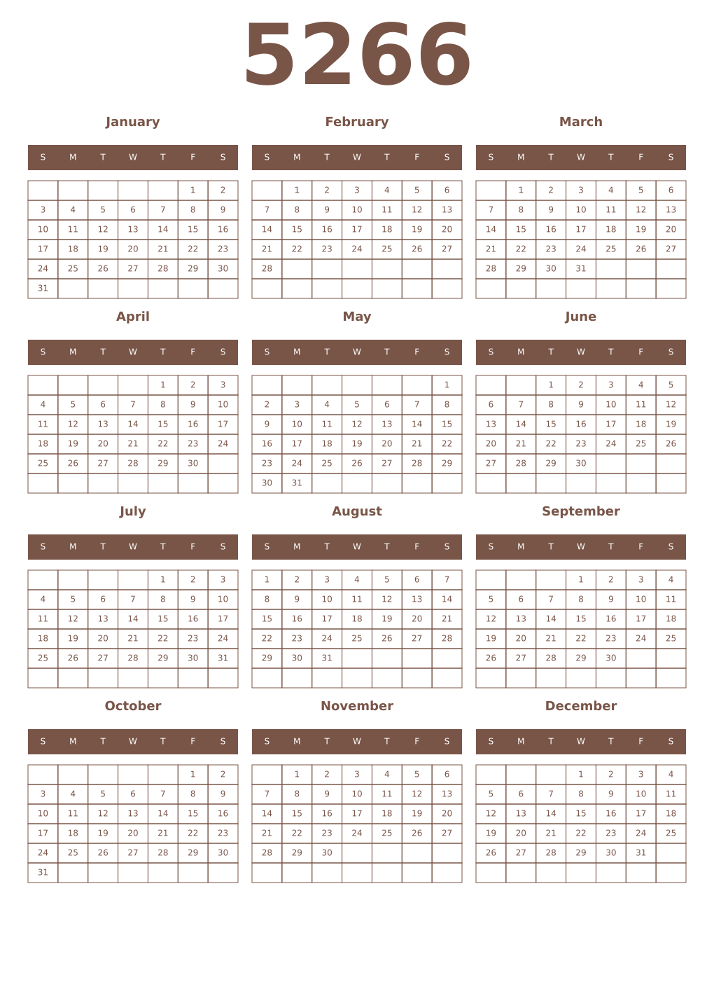Printable 5266 Year Calendars coffe