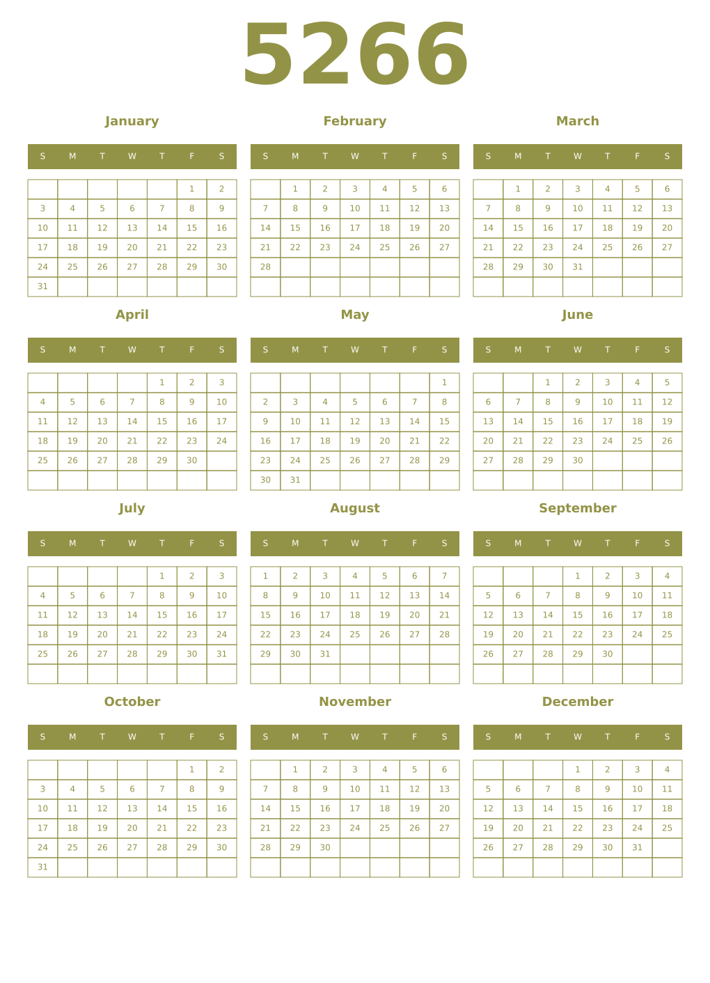 Printable 5266 Year Calendars eburnean