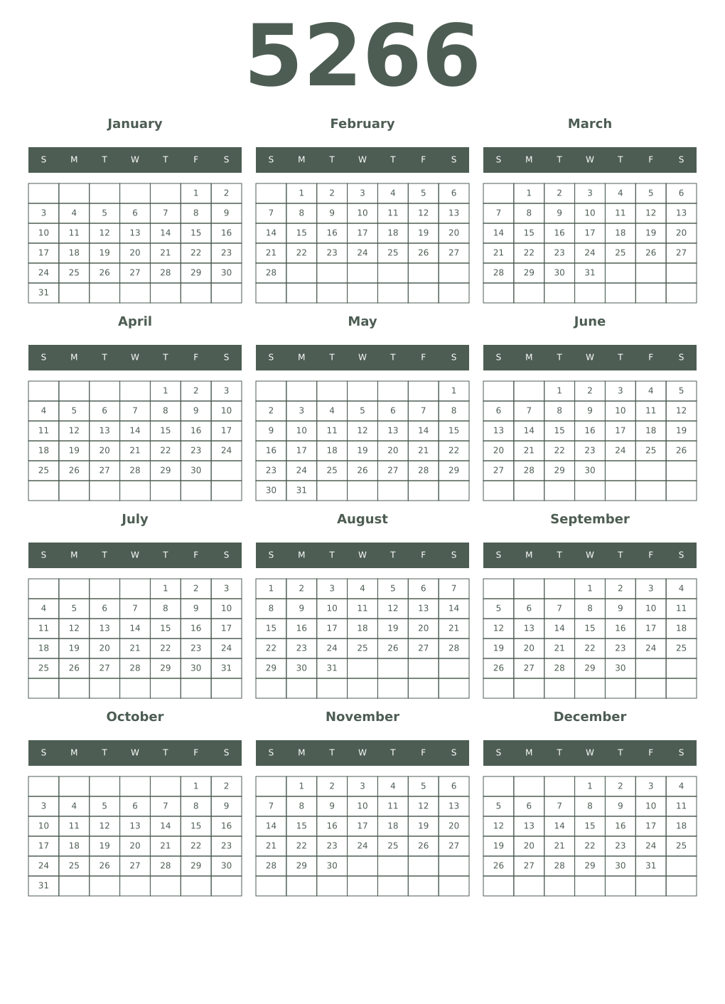Printable 5266 Year Calendars feldgrau