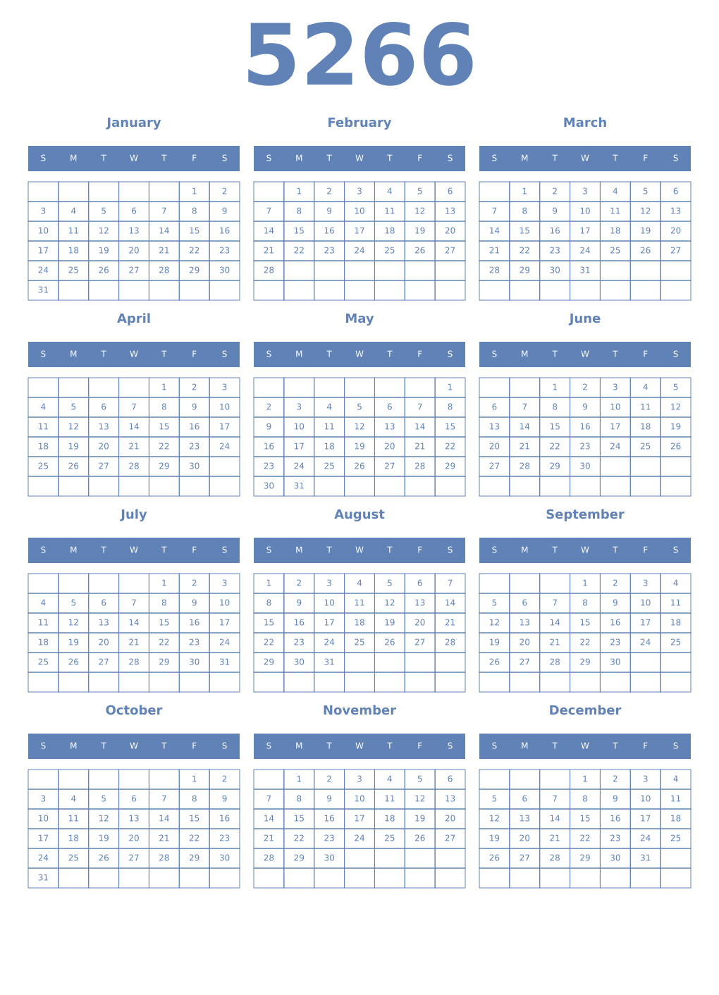 Printable 5266 Year Calendars glaucous