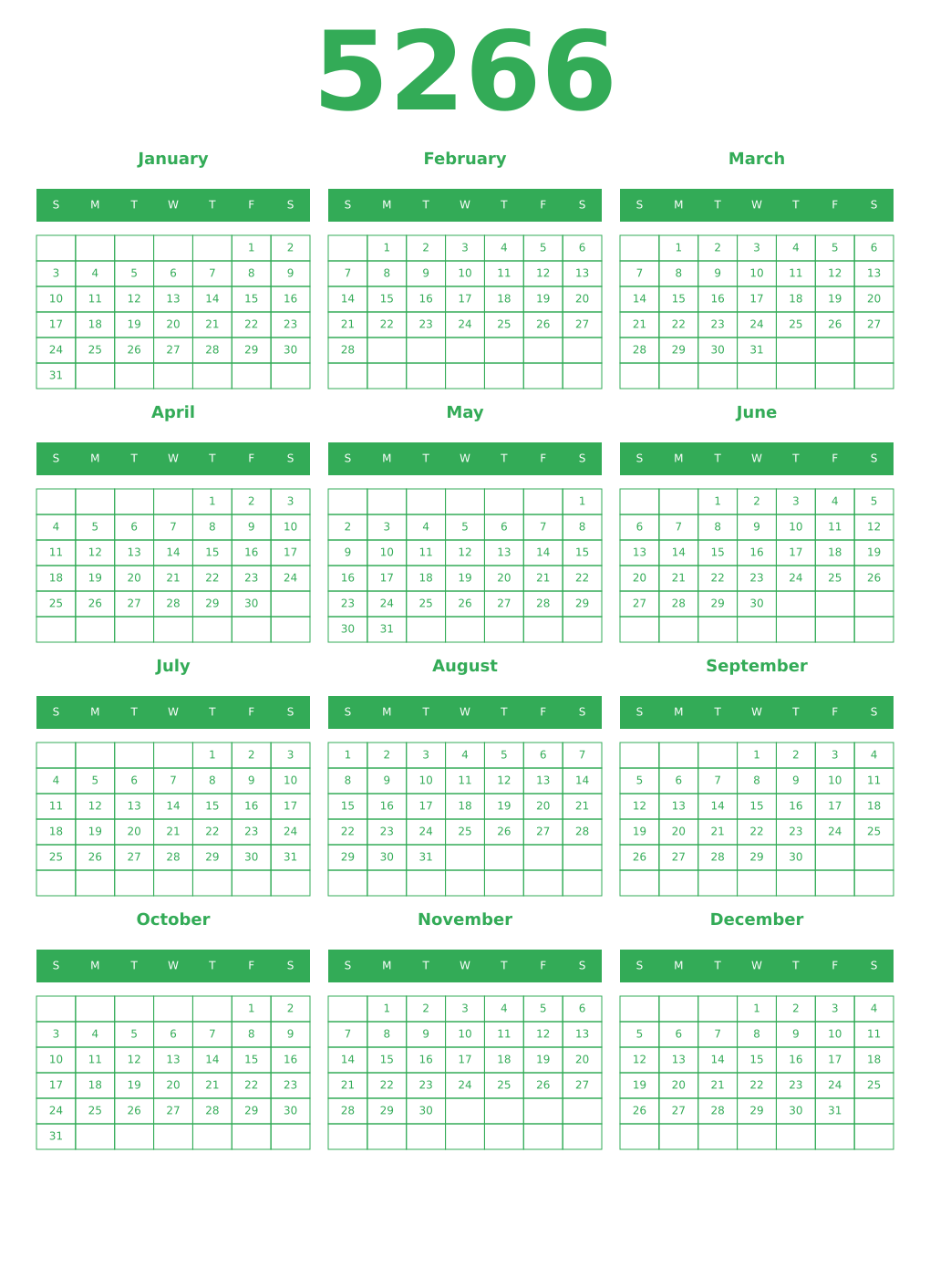 Printable 5266 Year Calendars green