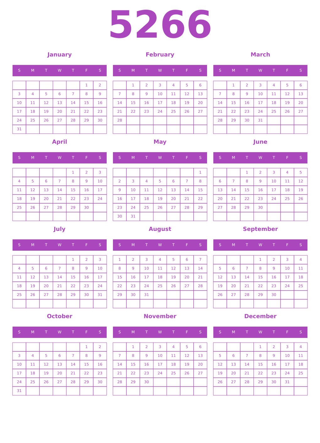 Printable 5266 Year Calendars purple