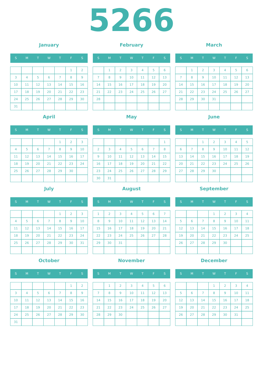 Printable 5266 Year Calendars verdigris