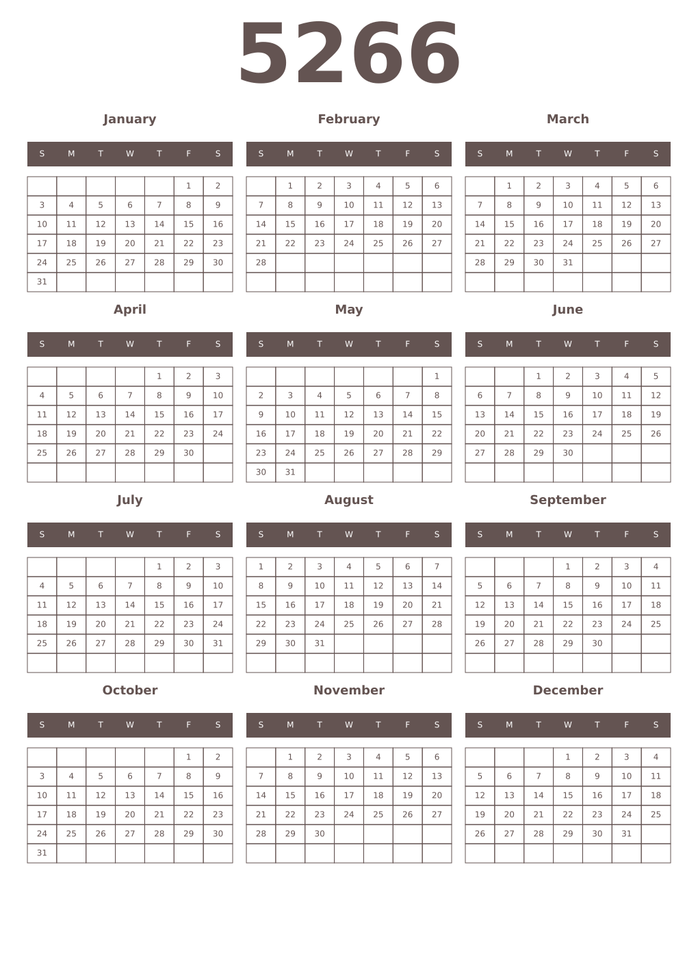 Printable 5266 Year Calendars wenge