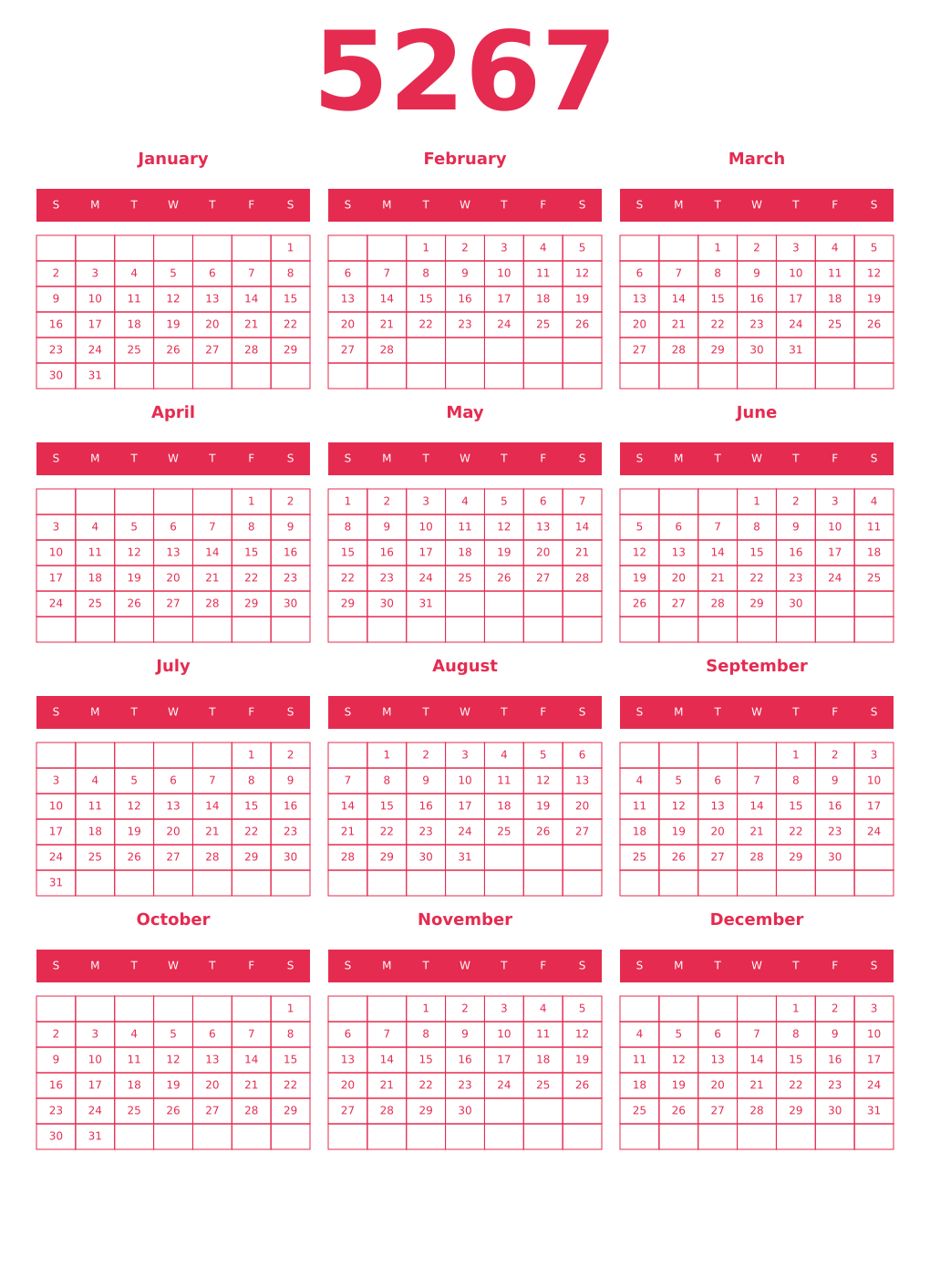 Printable 5267 Year Calendars amaranth