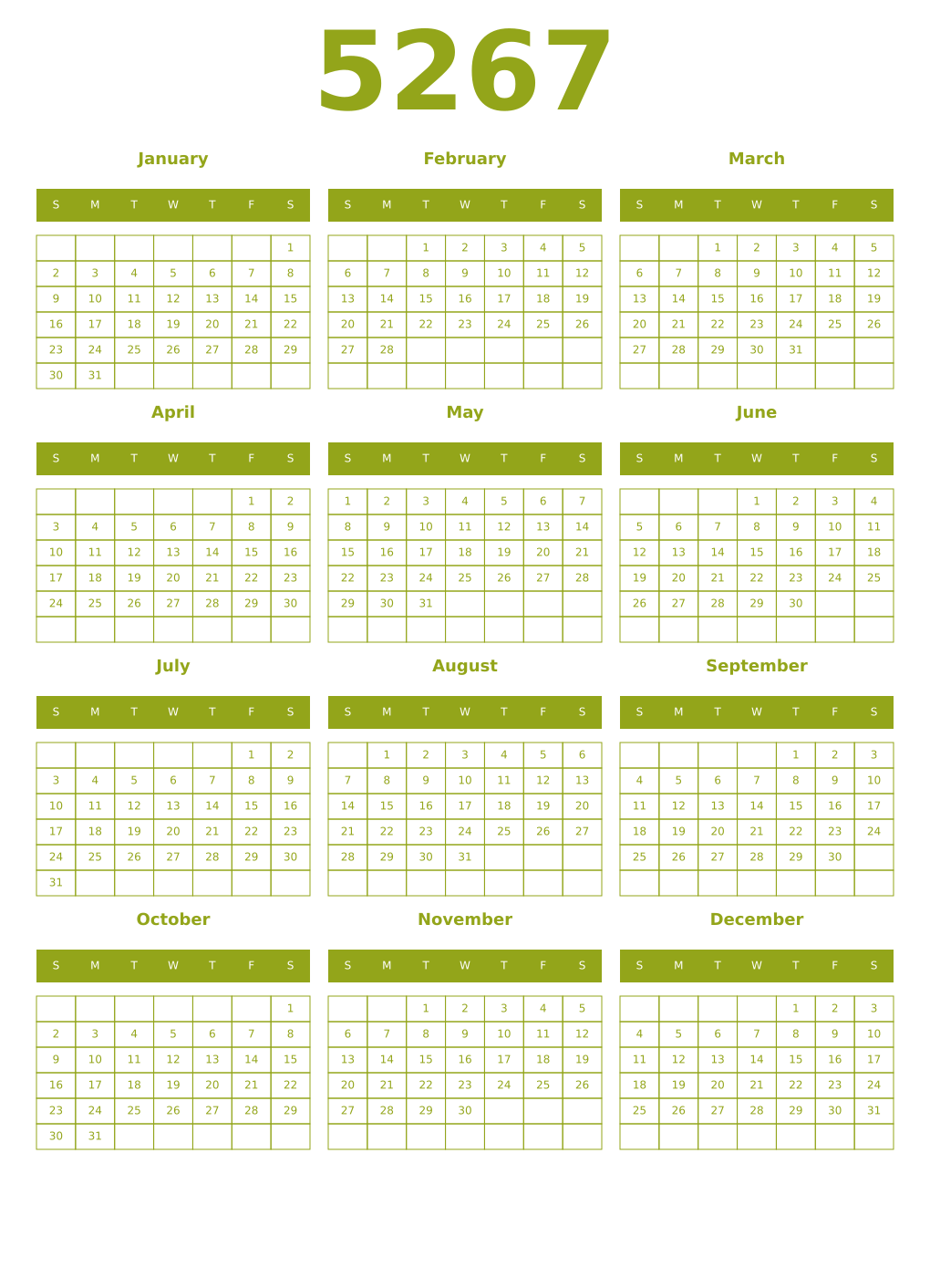 Printable 5267 Year Calendars chartreuse