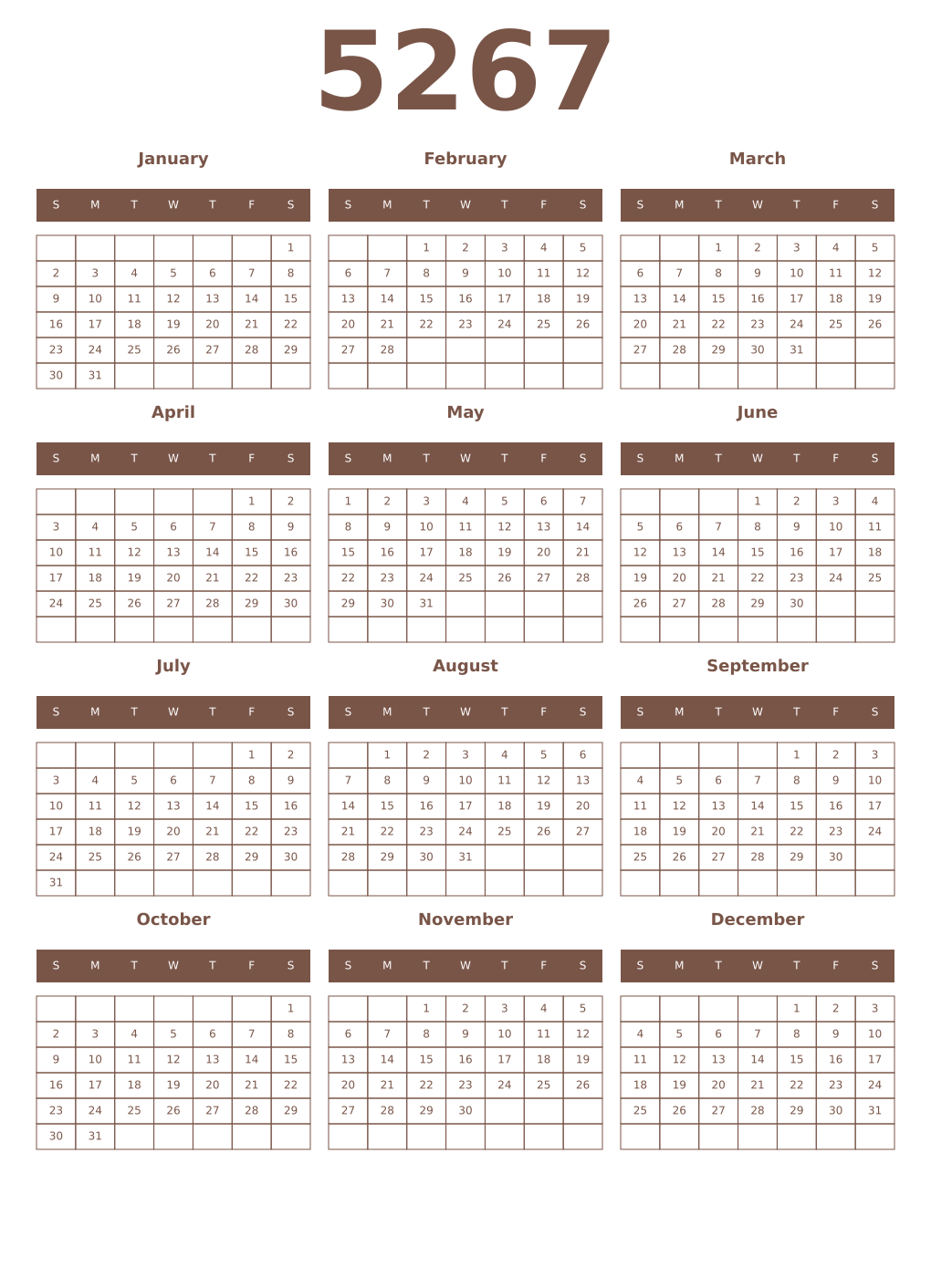 Printable 5267 Year Calendars coffe