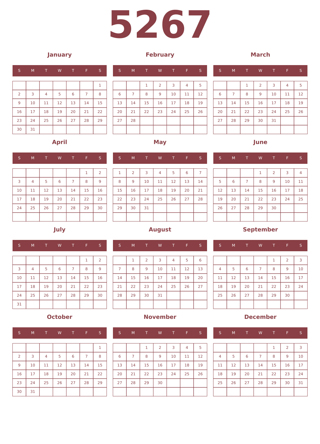 Printable 5267 Year Calendars cordovan