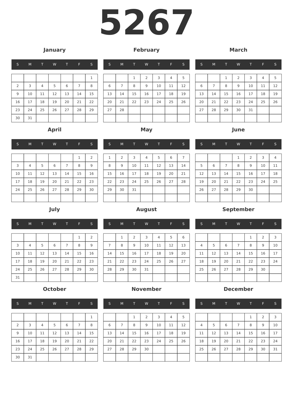 Printable 5267 Year Calendars dark