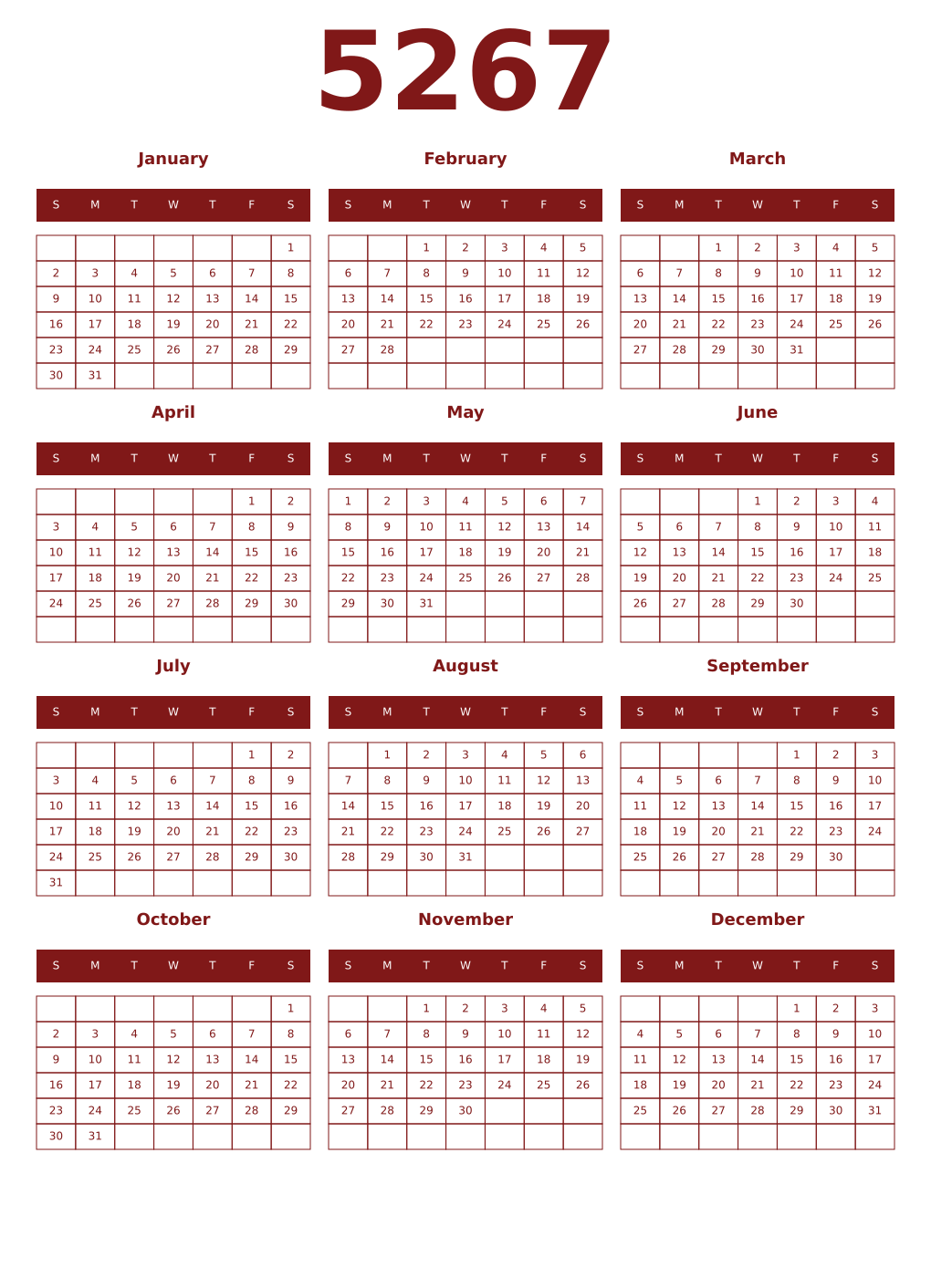 Printable 5267 Year Calendars falu