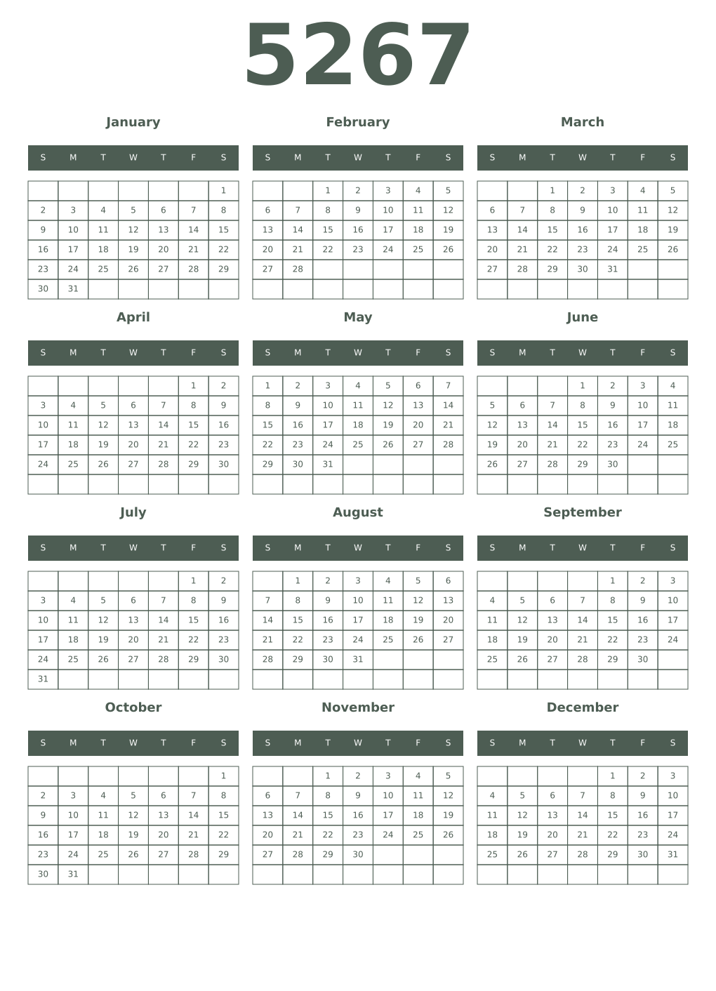 Printable 5267 Year Calendars feldgrau