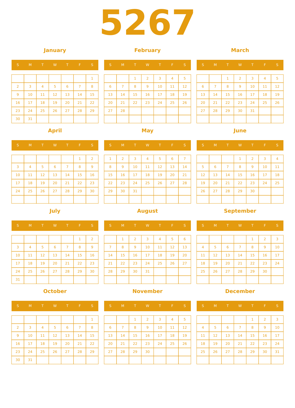 Printable 5267 Year Calendars gamboge