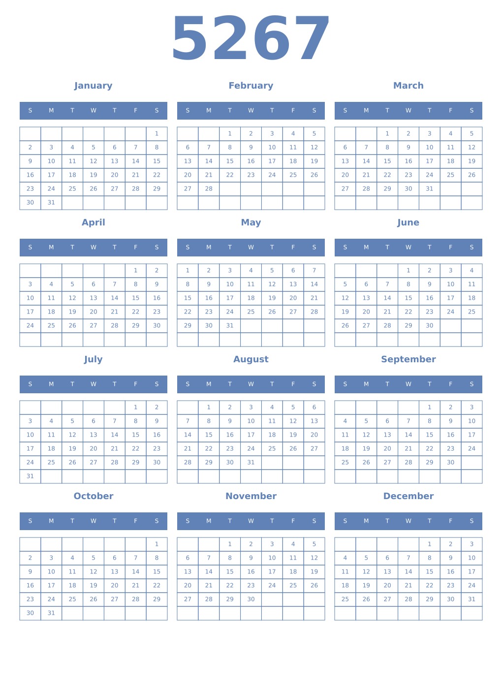 Printable 5267 Year Calendars glaucous