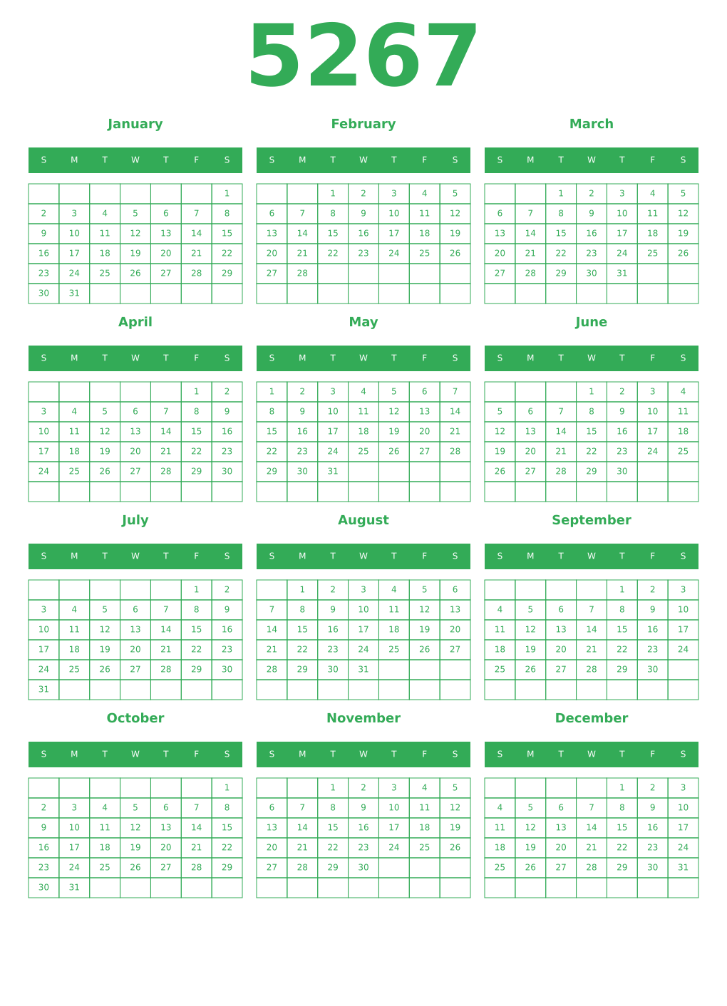 Printable 5267 Year Calendars green