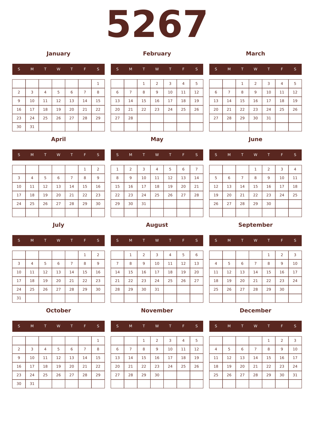Printable 5267 Year Calendars mortuum