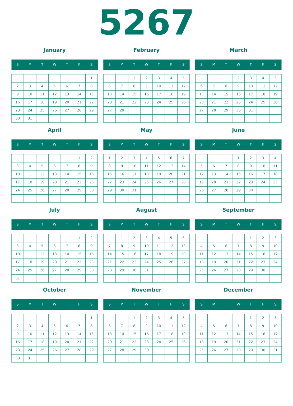Printable 5267 Year Calendars pastel