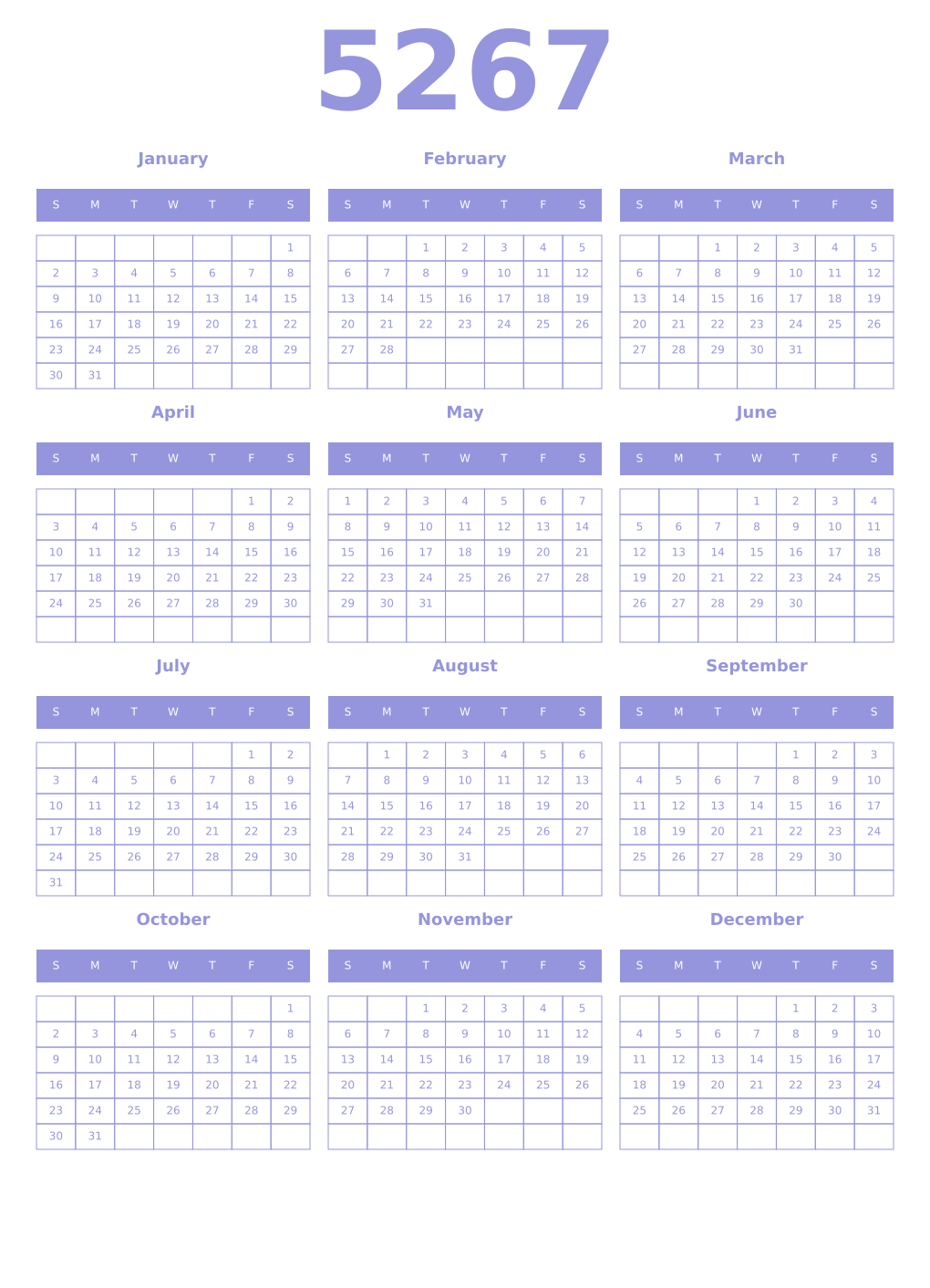 Printable 5267 Year Calendars periwinkle