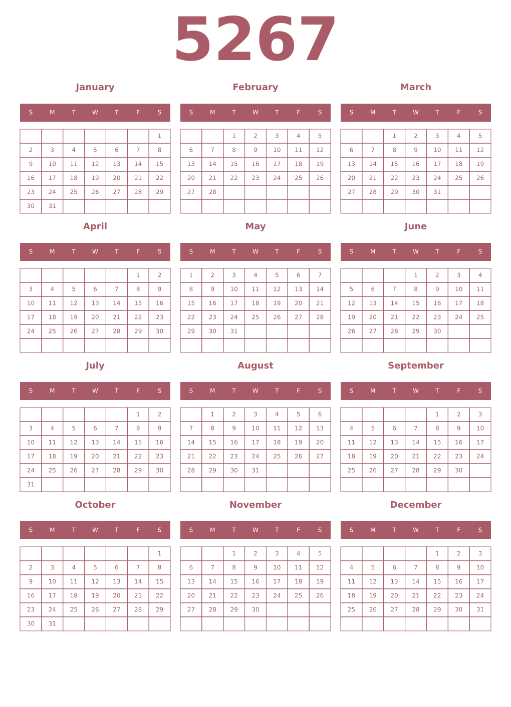 Printable 5267 Year Calendars puce