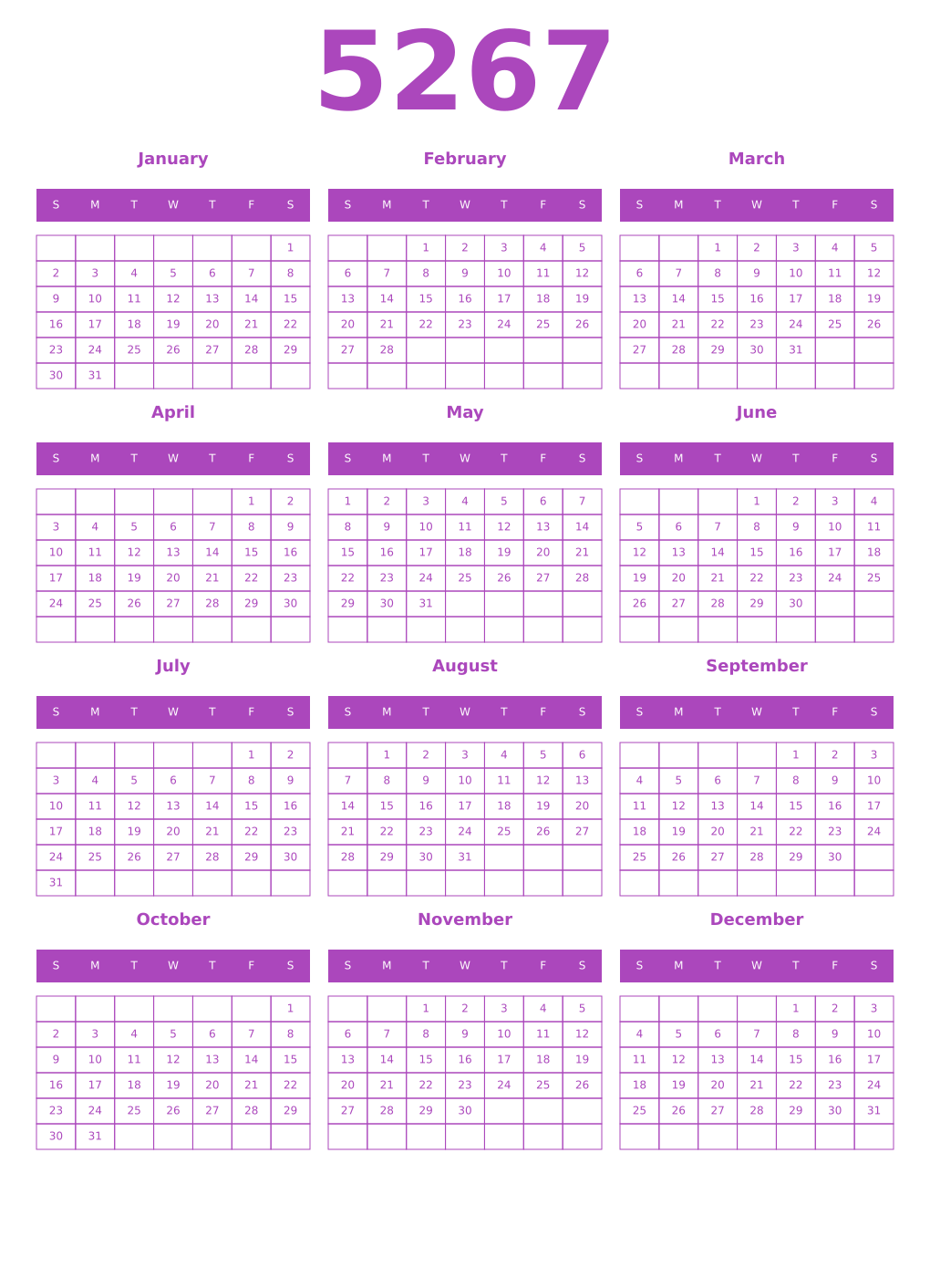 Printable 5267 Year Calendars purple