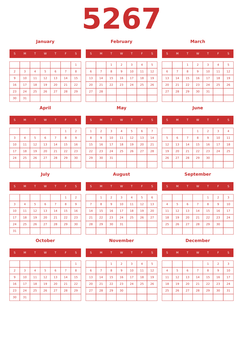 Printable 5267 Year Calendars red