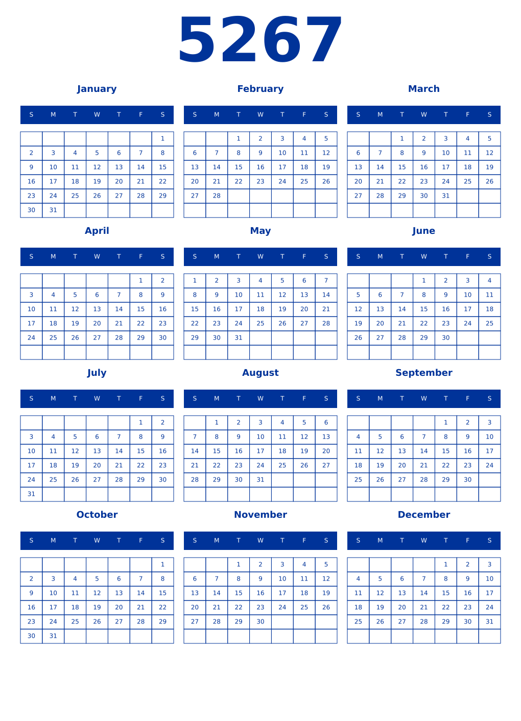 Printable 5267 Year Calendars smalt