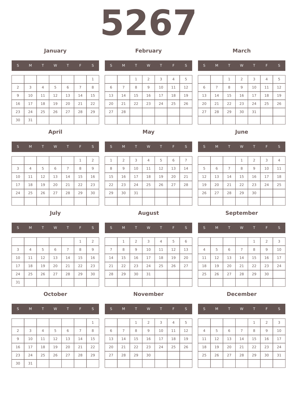 Printable 5267 Year Calendars wenge