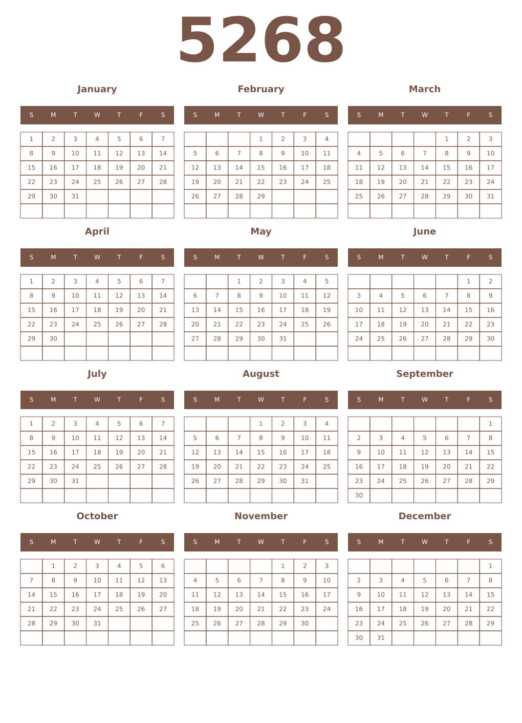 Printable 5268 Year Calendars coffe