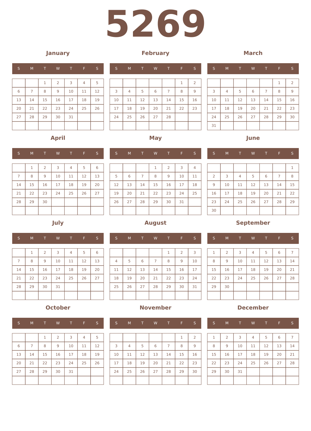 Printable 5269 Year Calendars coffe