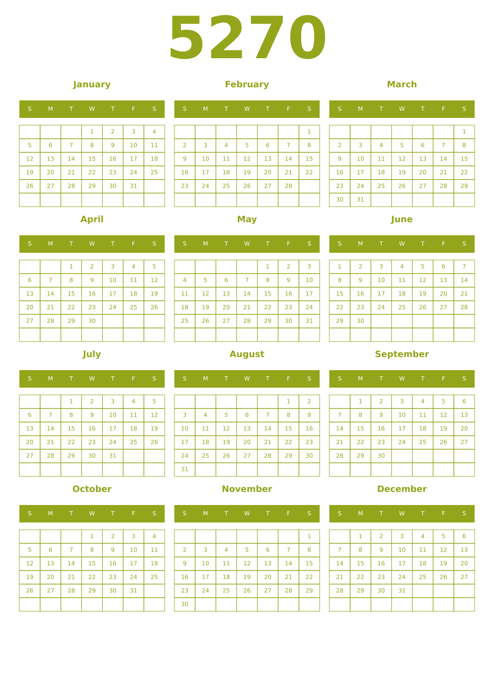 Printable 5270 Year Calendars chartreuse