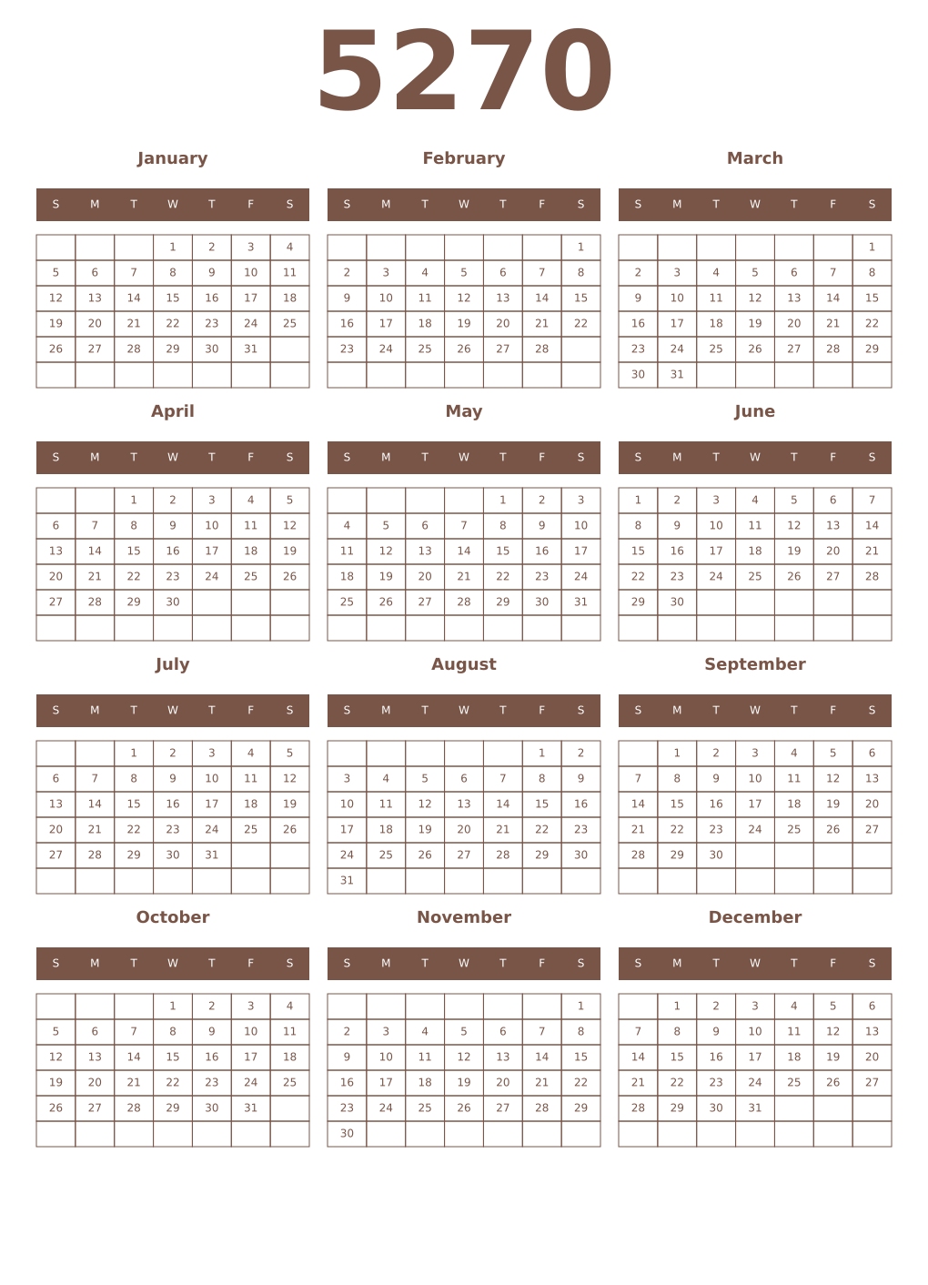 Printable 5270 Year Calendars coffe
