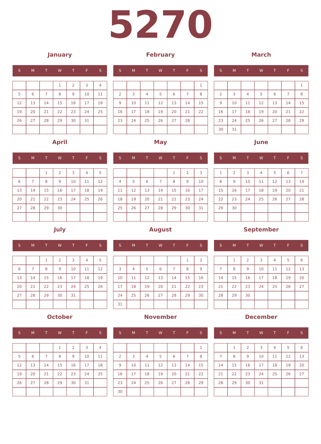 Printable 5270 Year Calendars cordovan