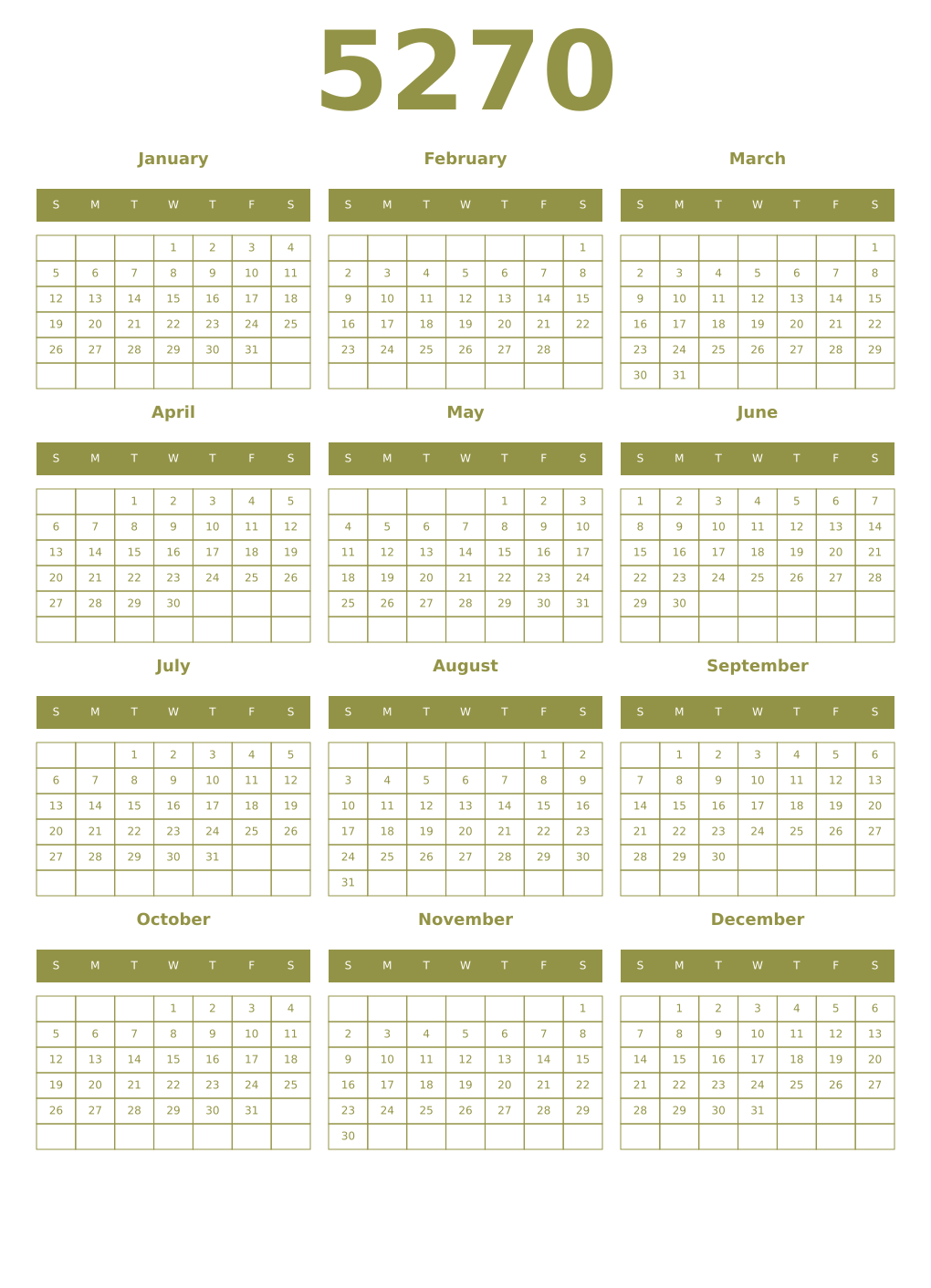 Printable 5270 Year Calendars eburnean