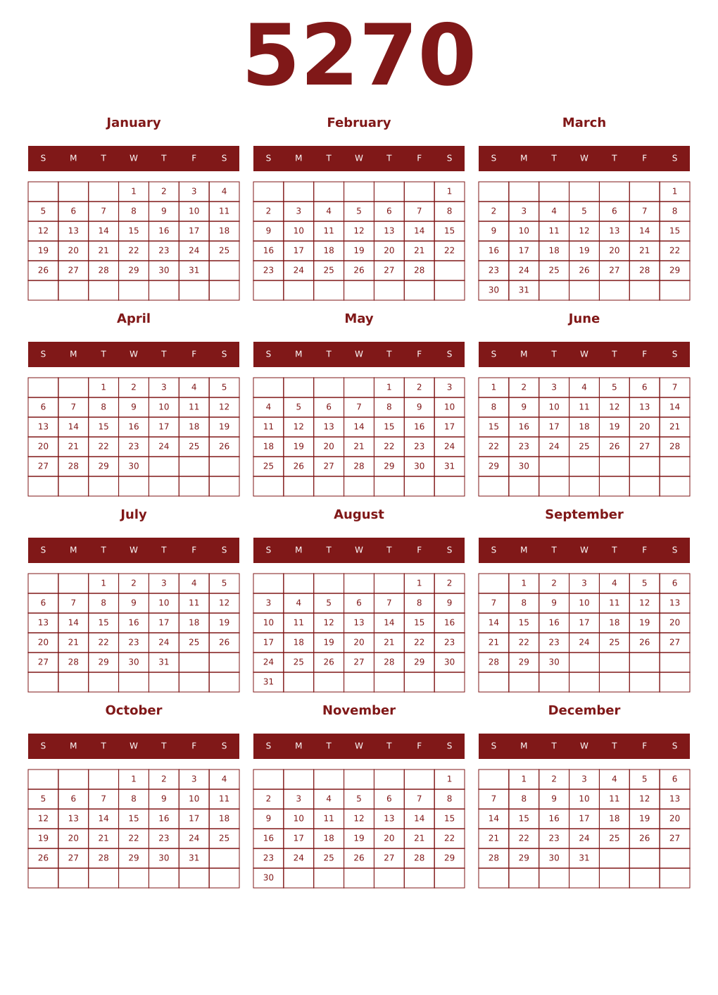 Printable 5270 Year Calendars falu