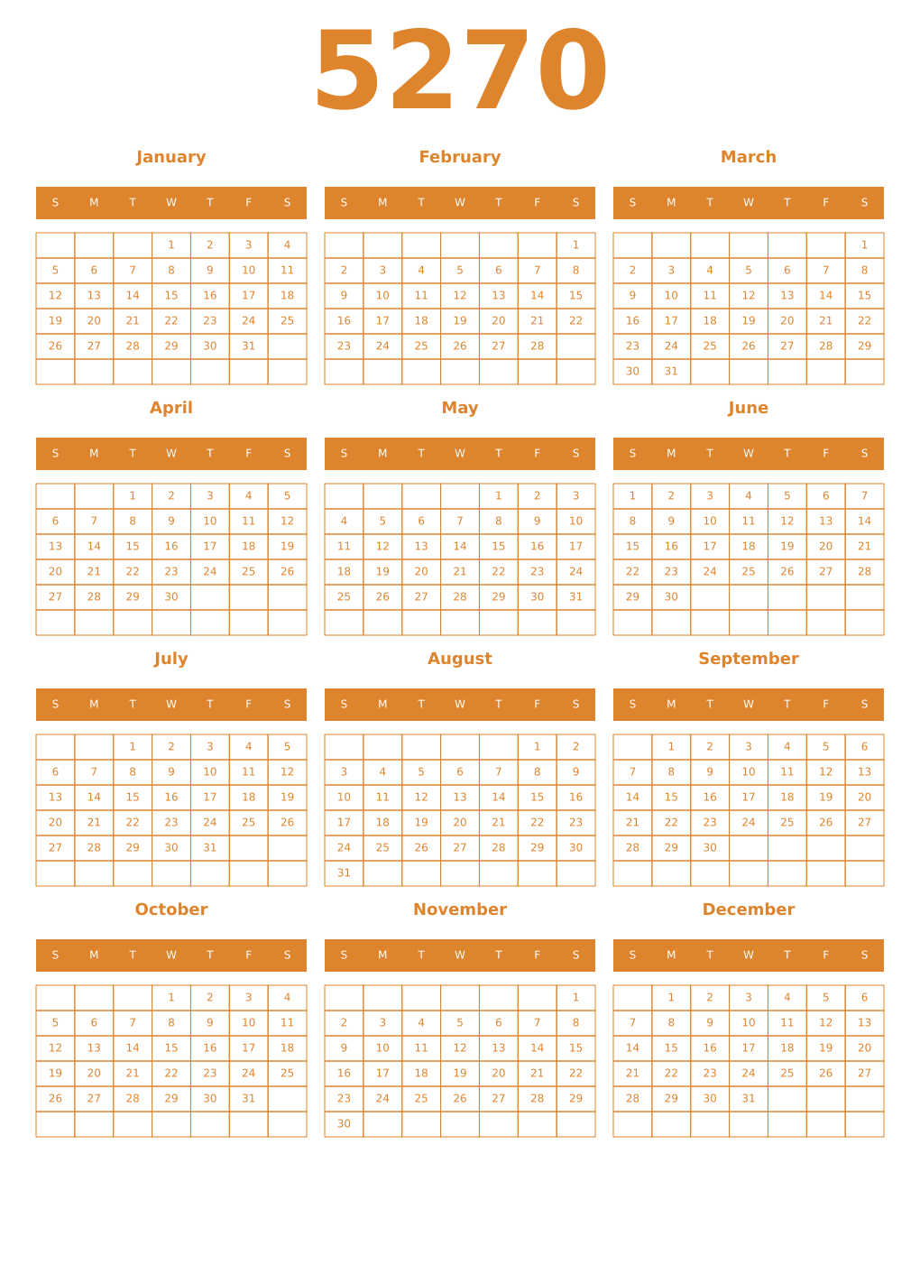 Printable 5270 Year Calendars orange