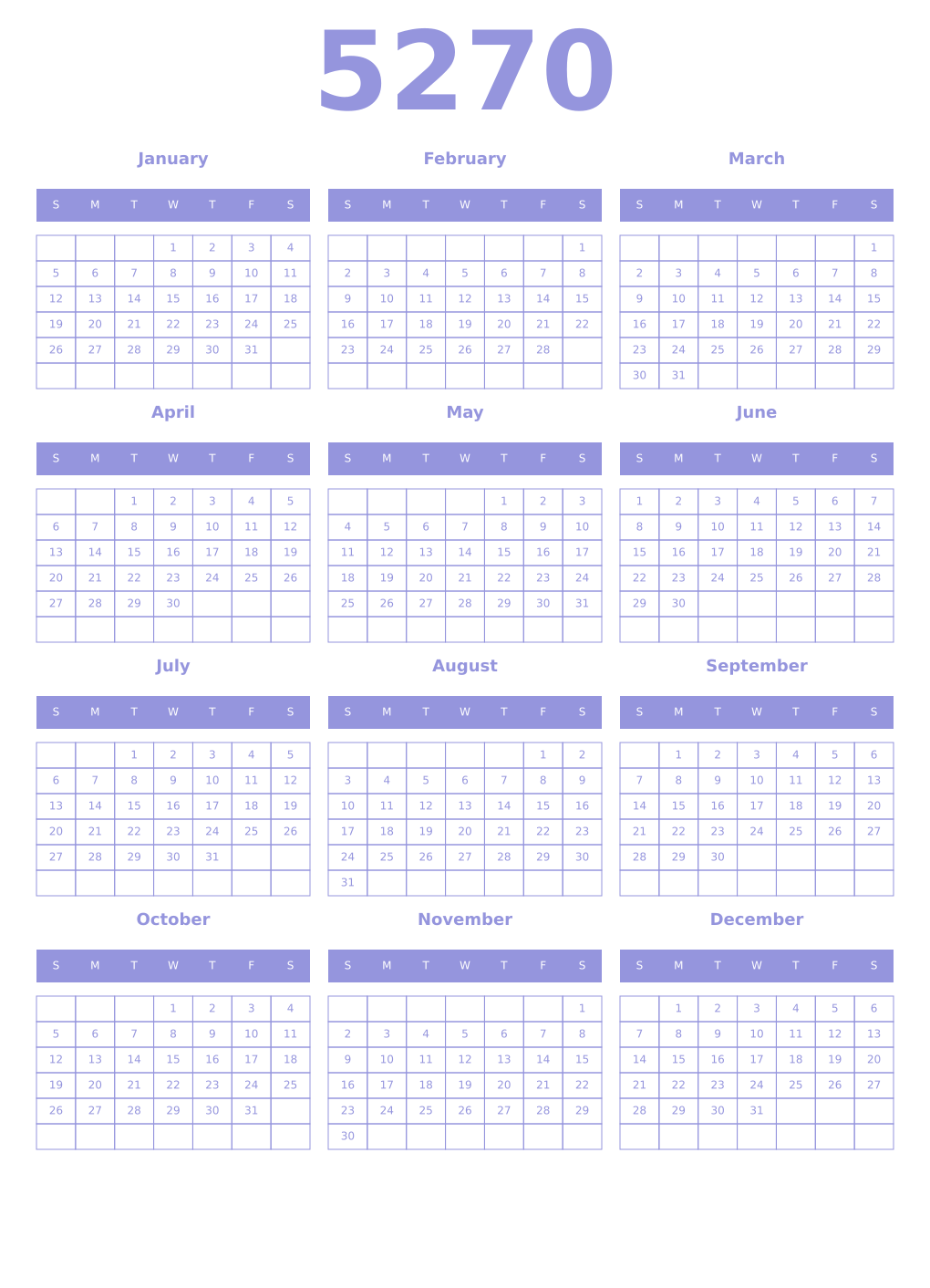 Printable 5270 Year Calendars periwinkle