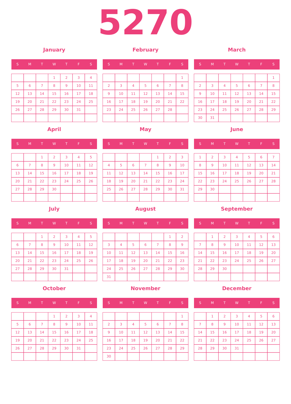 Printable 5270 Year Calendars pink